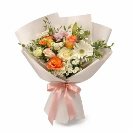 Petal Whisper Bouquet - Peach gerberas, soft orange roses, and white flowers in pastel wrapping Vancouver