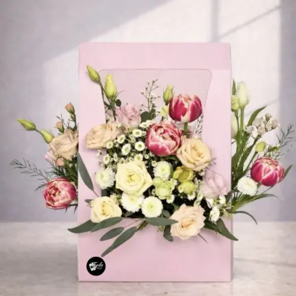 Pink Whisper Flower Box - Peach roses, pink tulips, and white lisianthus in pink window gift box Vancouver