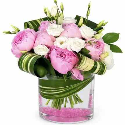 Pops of Pink flower arrangement - Lush pink peony and white lisianthus glass vase arrangement Vancouver