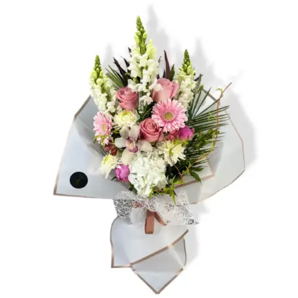 Prestige Floral Bouquet - Pink roses gerberas hydrangeas and snapdragons in white wrap Vancouver