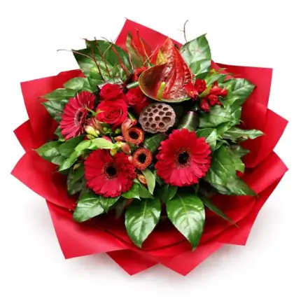 Red Sunflower bouquet - Red gerberas, red roses, and anthurium wrapped in red paper Vancouver