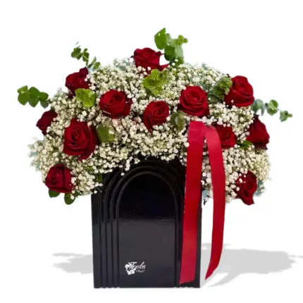 Romance Box with Red Roses & Baby's Breath - Red roses and gypsophila in black arched gift box Vancouver