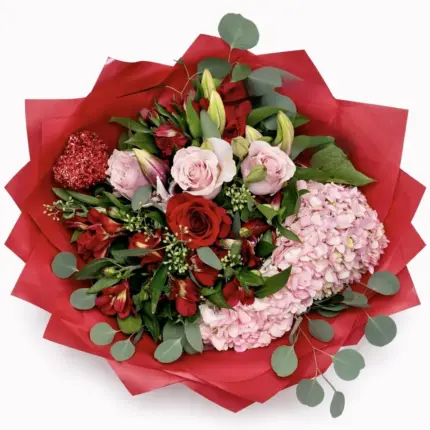 Romantic Blush and Red Rose Bouquet - Red and blush pink roses with pink hydrangeas wrapped in red paper Vancouver