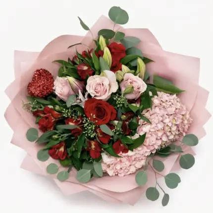 Romantic Blush and Red Rose Bouquet - Red and blush pink roses with pink hydrangeas in pink wrapping Vancouver