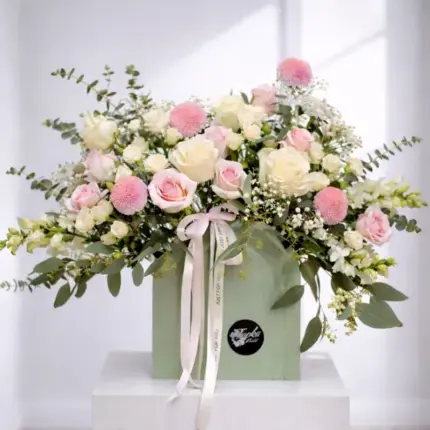 Rosewater Garden Box - Soft pink roses and white flowers in sage green gift box Vancouver