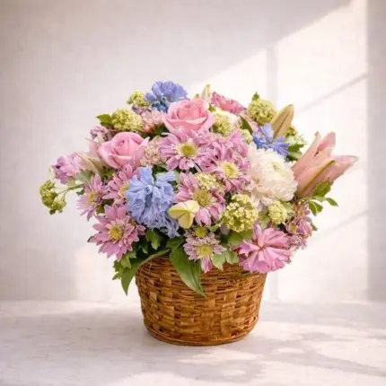 Seasonal Flower Basket - Pink roses, blue hydrangeas, and pastel chrysanthemums in woven basket Vancouver
