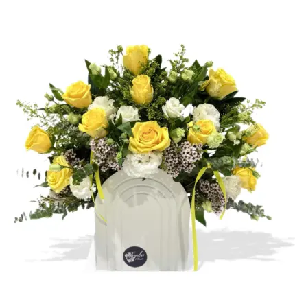 Solar Grace Floral Box - Yellow roses and white lisianthus in white box Vancouver