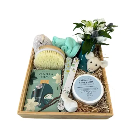 Spa Gift Box for Her - Body butter, body brush, and fresh flowers gift set in wooden tray Vancouver