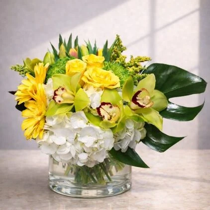 Sunshine Arrangement - Green cymbidium orchids, yellow roses, and white hydrangeas in glass vase Vancouver