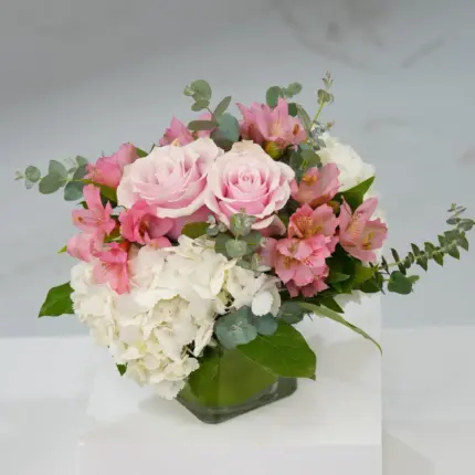 Sweet Blush Cube - Pink roses and white hydrangea arrangement in glass cube vase Vancouver