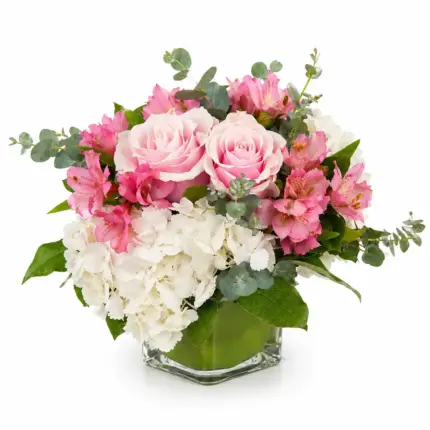 Sweet Blush Cube arrangement - Pink roses white hydrangea and alstroemeria in glass cube vase Vancouver