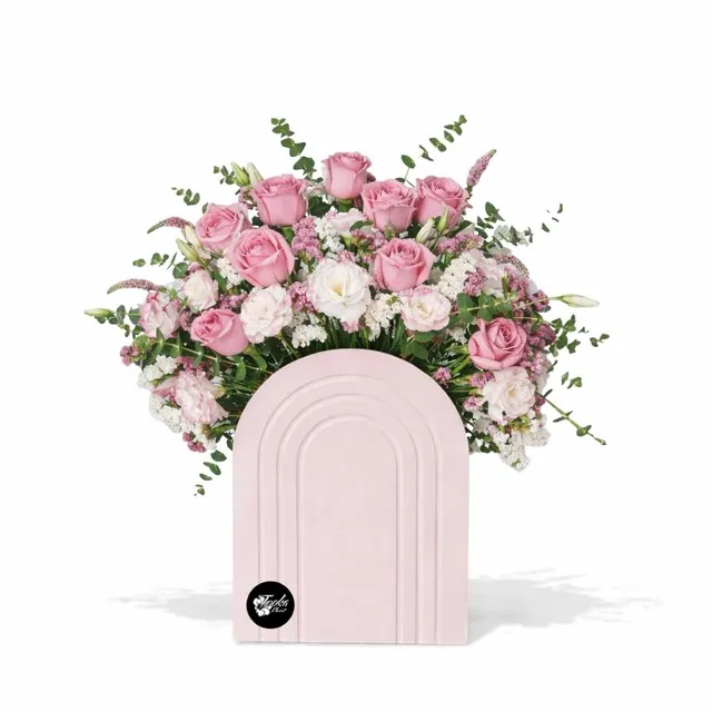 Sweet Romance Floral Garden Sweet Romance Floral Garden - Pink roses and white lisianthus in pink arch vase Vancouver