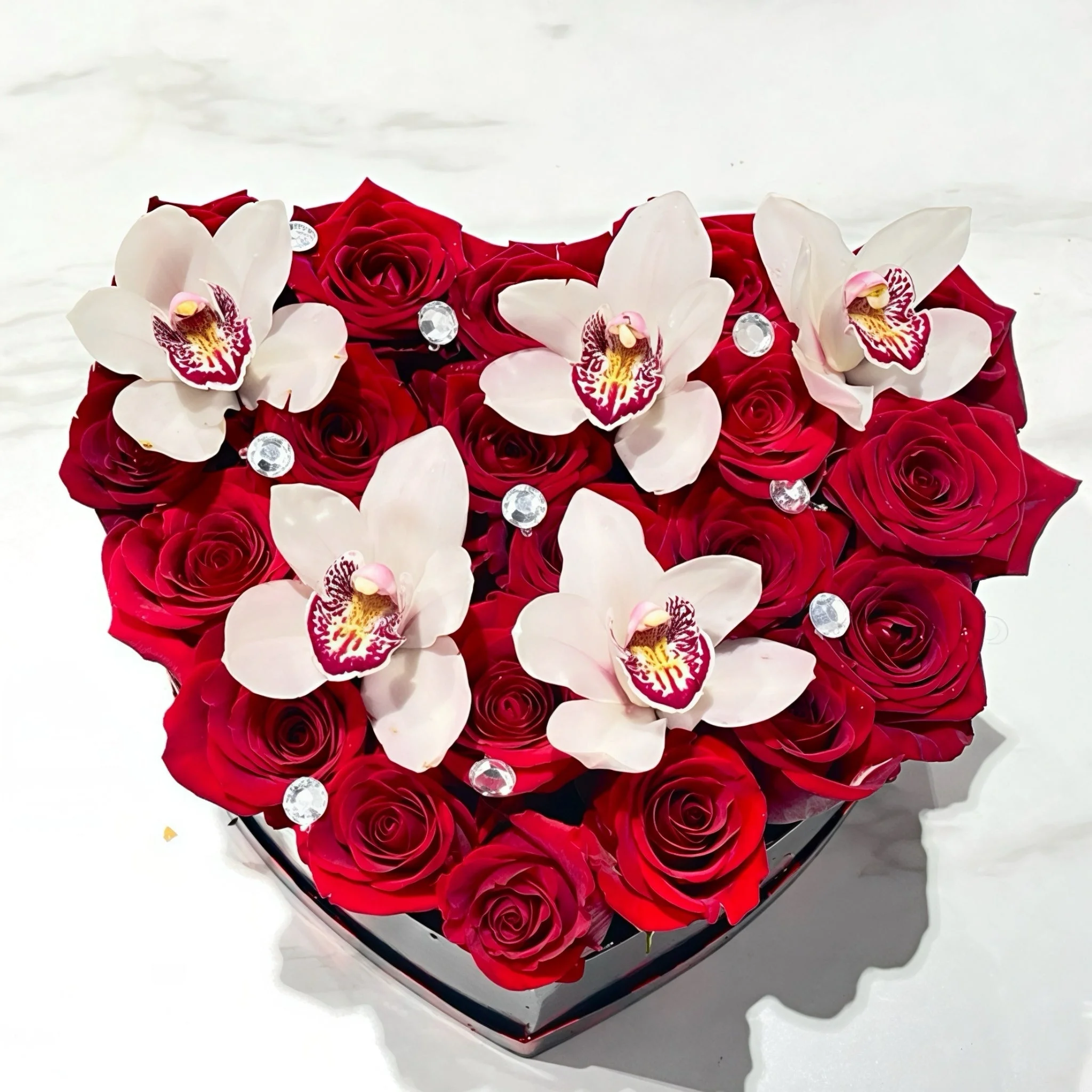 Sweetheart Orchid & Rose Box Sweetheart Orchid & Rose Box - Heart shaped red roses and white cymbidium orchids gift box Vancouver
