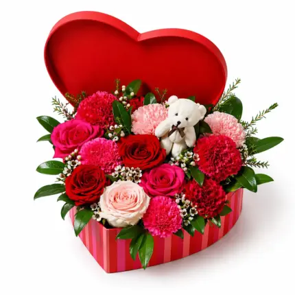 Teddy Bear Love box - Heart shaped flower box with red roses, pink carnations, and teddy bear Vancouver