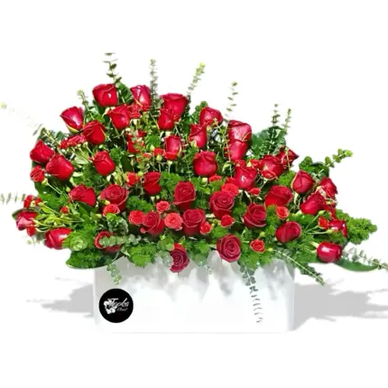 The Grand Rose Garden - Luxury horizontal red rose arrangement in white rectangular box Vancouver