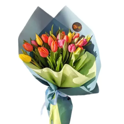 Tulip Mass bouquet - Colorful mixed tulips in teal and green wrapping paper Vancouver