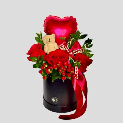 Us in Bloom Rose Box - Red roses arrangement with teddy bear and heart balloon in black box Vancouver