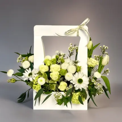White Whisper Flower Box - Elegant white tulips, miniature roses, and chrysanthemums in white handle box Vancouver