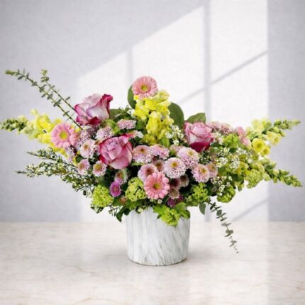 Honeysuckle floral arrangement - Yellow snapdragons and pink roses vase Vancouver
