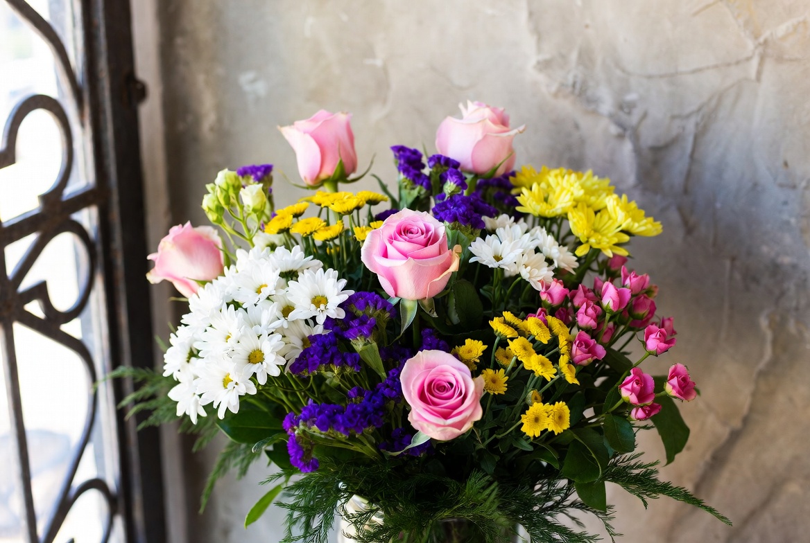 Colorful flower gift bouquet with pink roses purple statice white daisies and yellow chrysanthemums