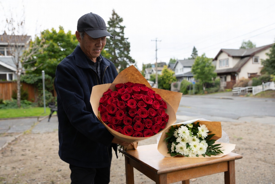 Man holding a large red rose bouquet next to a white chrysanthemum bouquet for delivery in North Vancouver