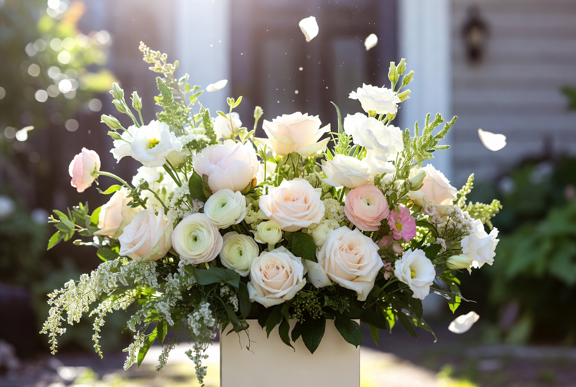 Elegant congratulations flower box with white roses blush ranunculus and lisianthus in North Vancouver