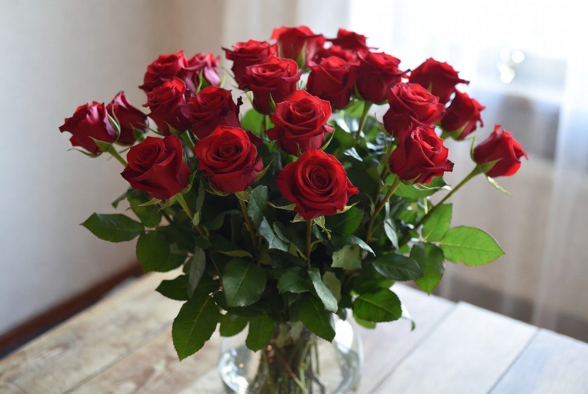 Classic Valentine's Day bouquet of long-stem red roses in a glass vase on a wooden table