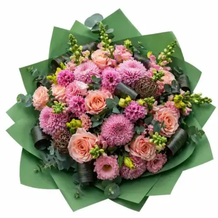 Elegant Pink and Peach bouquet - Peach roses, pink chrysanthemums, and green wrapping Vancouver