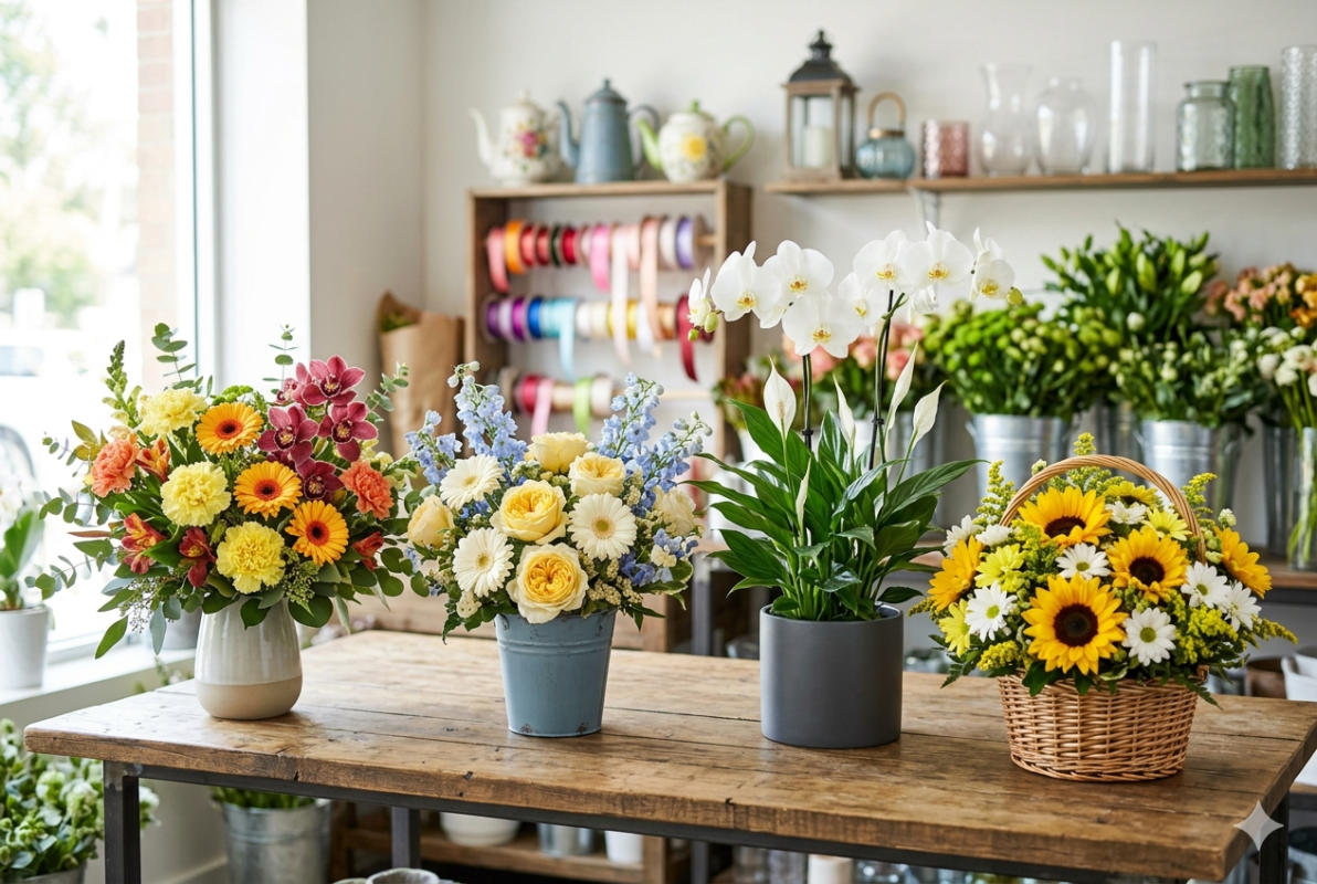 Diverse floral arrangements including sunflowers in a basket, white orchids, and mixed bouquets on a florist workbench