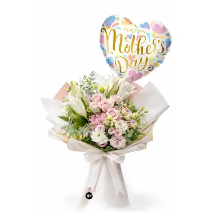 Happy Mother's Day bouquet - Pink roses, white lilies, and heart balloon bouquet Vancouver
