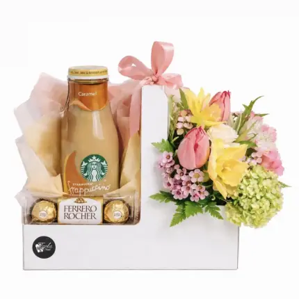 Let's Have a Coffee Gift Box - Starbucks caramel frappuccino, Ferrero Rocher chocolates, and spring flowers gift box Vancouver