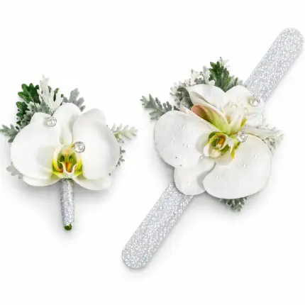 Luxurious Prom set corsage & Boutonnière - White phalaenopsis orchid wrist corsage and boutonniere with pearls Vancouver