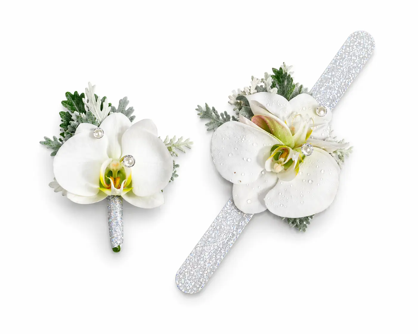 Luxurious Prom set corsage & Boutonnière Luxurious Prom set corsage & Boutonnière - White phalaenopsis orchid wrist corsage and boutonniere with pearls Vancouver