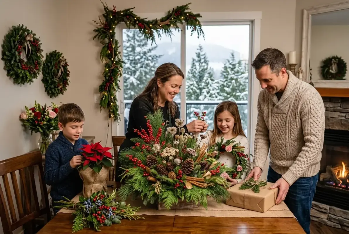 A family (mother, father, son, and daughter) gathered happily around a decorated wooden dining table, admiring a large Christmas floral arrangement, poinsettias, evergreens, and wrapped gifts.