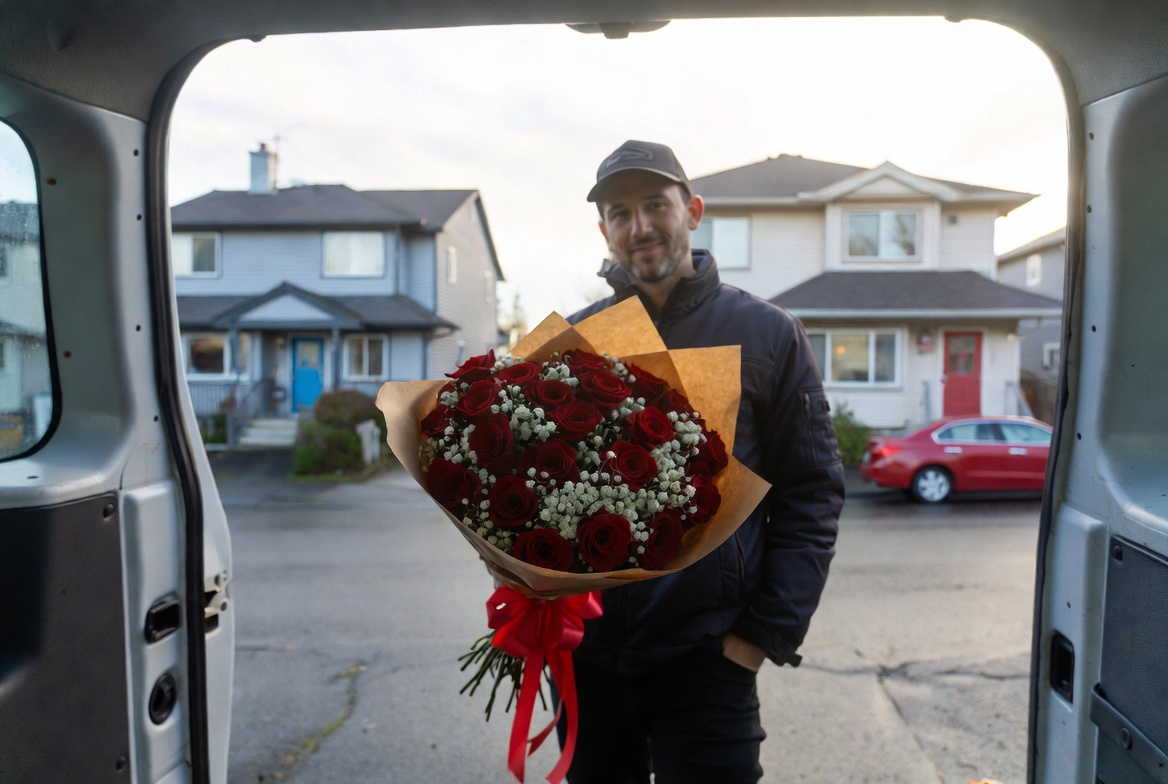 Delivery driver holding a large bouquet of red roses and baby's breath for Valentine's Day delivery in North Vancouver