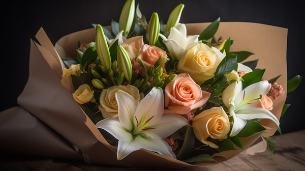 beautifully handcrafted bouquet of roses and lilies, wrapped elegantly and tied with a ribbon