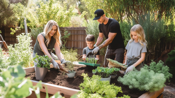 A family planting Tooka Florist's lush green plants in their backyard