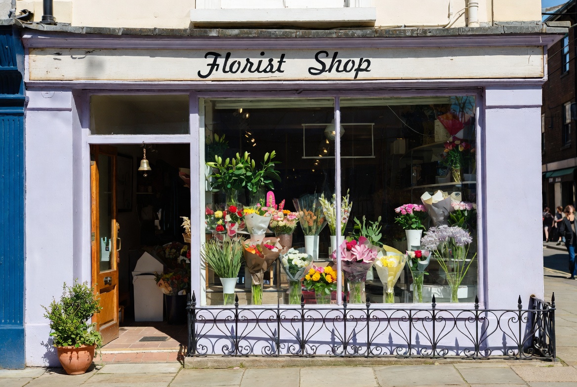 Charming storefront of a local florist shop with purple trim and a large window display of colorful bouquets