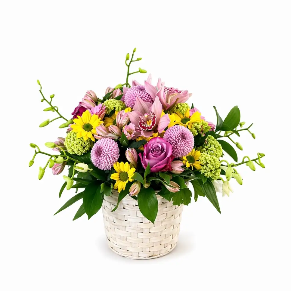 Pink Blooming Basket Pink Blooming Basket - Pink cymbidium orchid, purple roses, and yellow daisies in white basket Vancouver