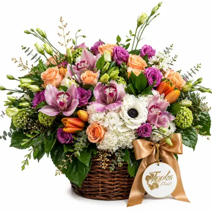 Spring Attractions basket - Purple cymbidium orchids, peach roses, and white anemones in woven basket Vancouver