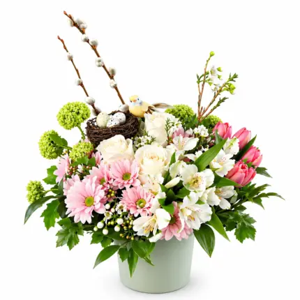 Spring Cocktail floral arrangement - Pink tulips, white roses, and decorative bird nest Vancouver