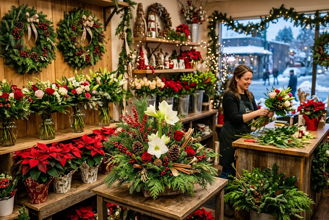 An interior view of Tooka Florist in North Vancouver, showing a female florist working and a wide variety of Christmas floral arrangements, poinsettias, and festive wreaths displayed on shelves and tables.