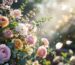 Dreamy pastel flower arrangement with pink roses ranunculus and white blossoms in magical sunlight