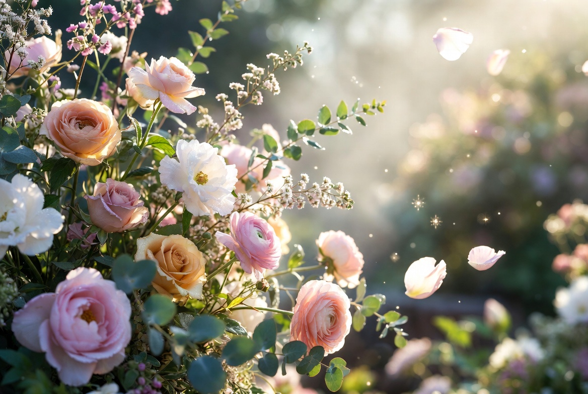Dreamy pastel flower arrangement with pink roses ranunculus and white blossoms in magical sunlight