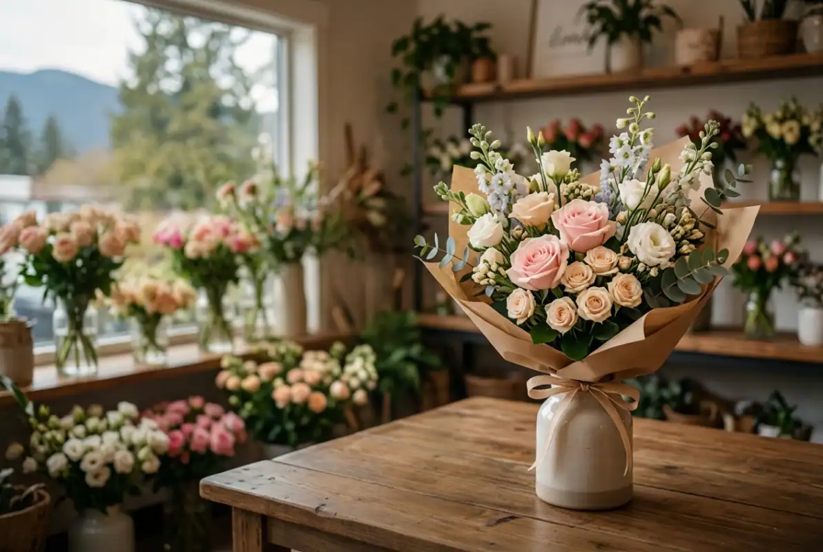 Soft pastel flower bouquet in a vase on a wooden table at Toka Florist shop in North Vancouver, perfect for a first date