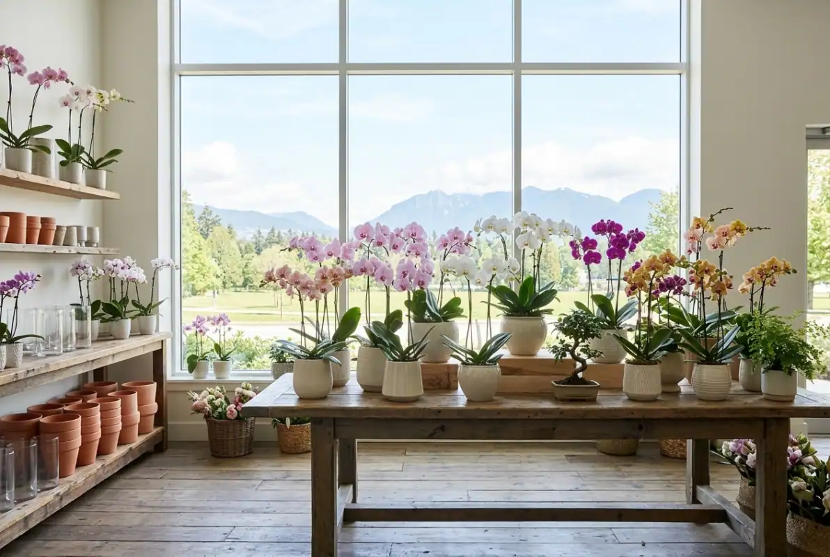 Vibrant orchid plants displayed on a wooden table in a North Vancouver flower shop with large window view