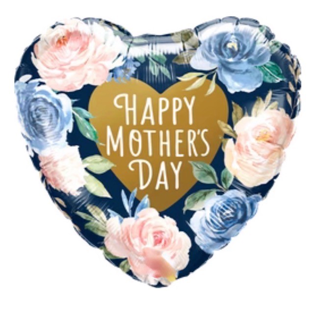 Heart-shaped Mother's Day foil balloon with pink and blue roses floral design