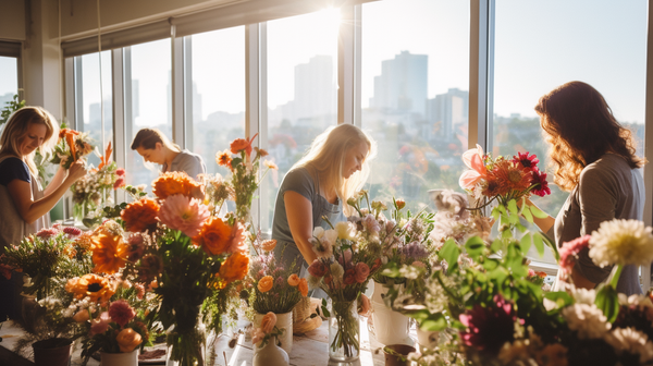 Participants engaged in flower arranging workshop