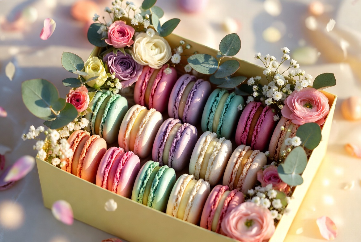Colorful French macaron gift box with pink roses and eucalyptus in sunny lighting
