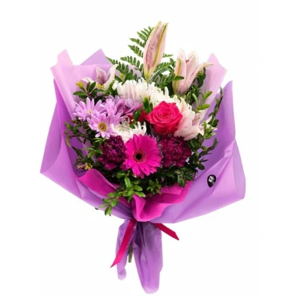 Enhanced Bloom bouquet - Vibrant purple gerbera and pink lily bouquet Vancouver